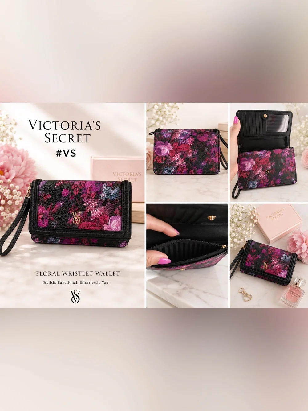 Victoria's Secret Floral Foldover Wallet - Pink/Black